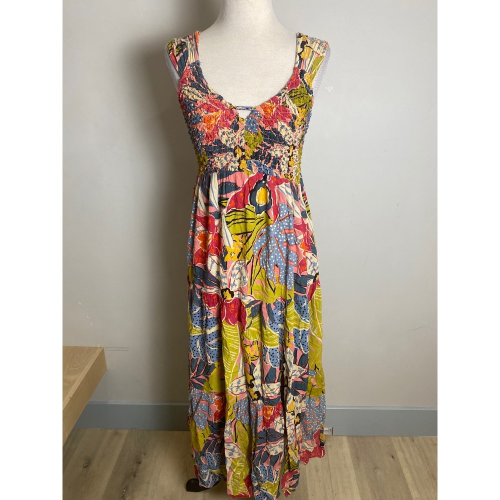 Vintage Angie 90s Floral Smocked Tiered Maxi Dress Tie Back Tropical Boho Medium